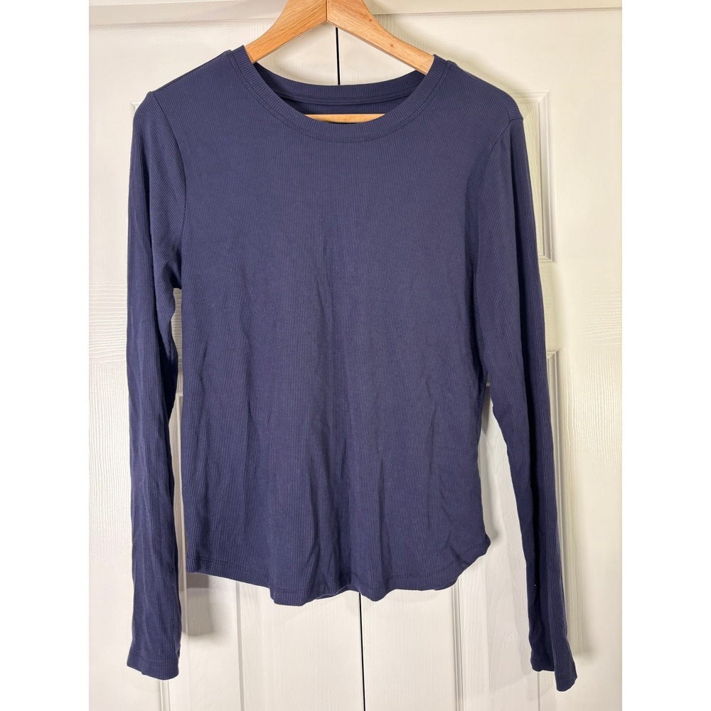 Magaschoni Womens Navy Blue Ribbed Modal Blend Long Sleeve Crew Neck Top Large